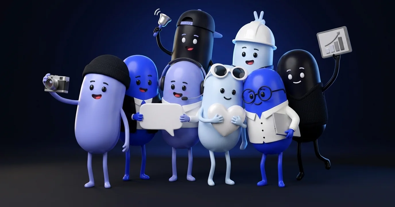 El equipo de agentes de ainea tomándose una selfie: ocho personajes en azul, blanco y negro, abrazados, cada uno con la ropa de su cargo. El vendedor y la recepcionista sostienen una burbuja de chat, el constructor le hace orejitas a un compañero y el analista levanta su gráfica.